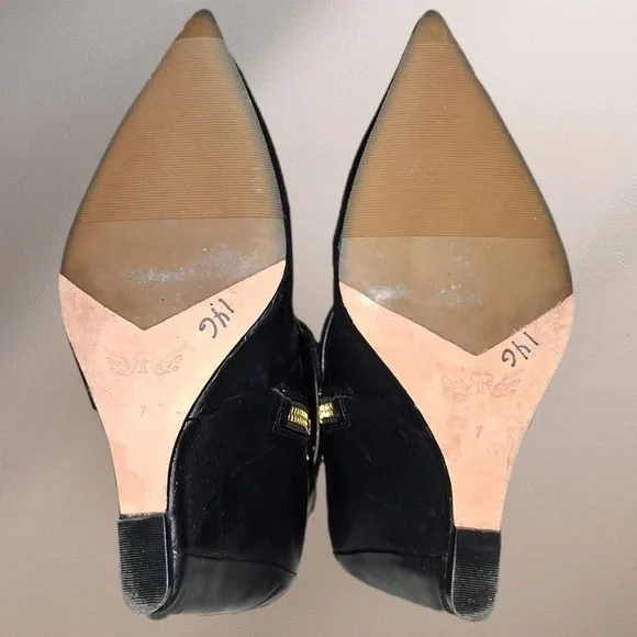 RACHEL Rachel Roy Black Leather Wedge Heel Boot Gold Accents Buckles Size 7 - Picture 9 of 14